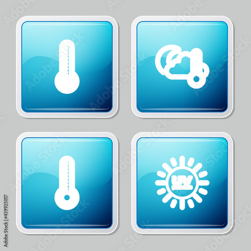 Set line Meteorology thermometer, Thermometer and cloud, moon, and UV protection icon. Vector