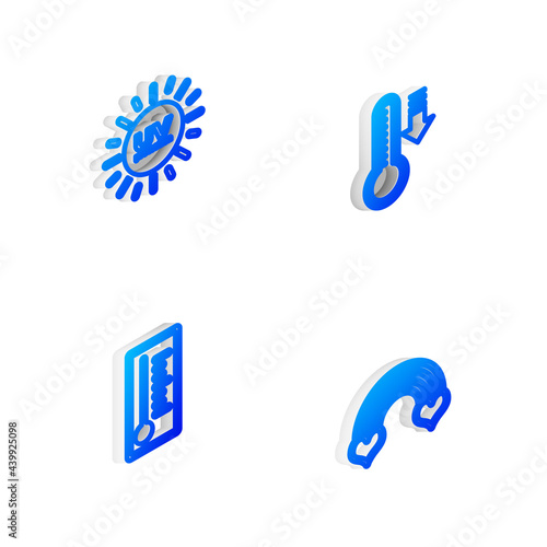 Set Isometric line Meteorology thermometer, UV protection, and Rainbow with heart icon. Vector