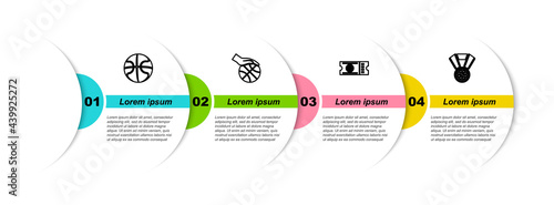 Set line Basketball ball, Hand with basketball, game ticket and medal. Business infographic template. Vector