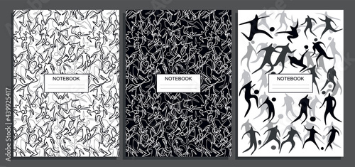 Book cover design. School notebook. Abstract background. Vector illustration. a set of silhouettes of football players in the game. Contour style. Black and white doodles. Vector illustration.