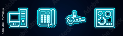 Set line Computer monitor, Telephone, Angle grinder and Gas stove. Glowing neon icon. Vector