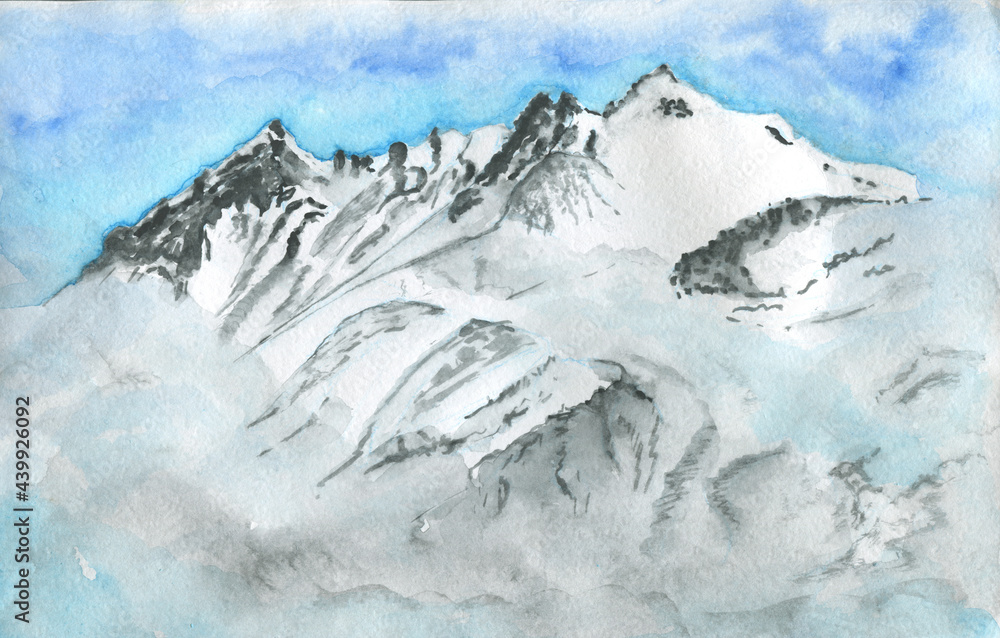 Obraz premium Watercolor clipart Mountains, Summer camping . landscape, travel, watercolor forest, wall art.