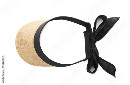 Stylish wicker sun visor isolated on white, top view. Beach object photo