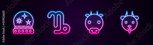 Set line Magic ball, Capricorn zodiac, Ox and Aries. Glowing neon icon. Vector