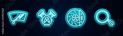 Set line Windscreen wiper, Car engine, brake disk with caliper and mirror. Glowing neon icon. Vector