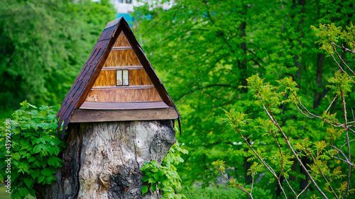 house in the forest for animals and birds. Wooden bird house in the summer park. on an tree stump. Old wooden feeder for birds on a tree, empty bird's feeder caring about wild birds in cold season.