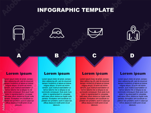 Set line Winter hat with ear flaps, Elegant women, Clutch bag and Hoodie. Business infographic template. Vector
