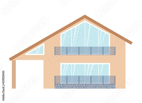 Illustration of a two-story wooden house with large windows and balconies