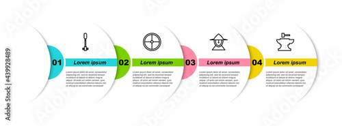 Set line Torch flame, Round wooden shield, Medieval iron helmet and Anvil for blacksmithing hammer. Business infographic template. Vector