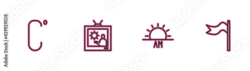Set line Celsius, Sunrise, Weather forecast and Meteorology windsock wind vane icon. Vector