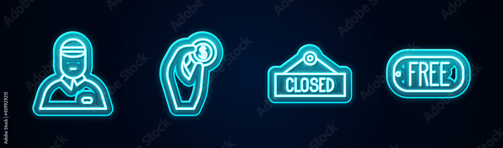 Set line Seller, Hand holding coin money, Hanging sign with Closed and Price tag text Free. Glowing neon icon. Vector Set line Seller, Hand holding coin money, Hanging sign with Closed and Price tag text Free. Glowing neon icon. Vector