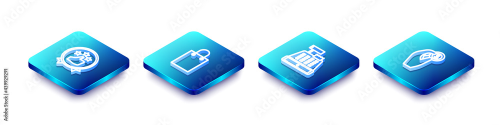 Set Isometric line Consumer or customer product rating, Paper shopping bag, Cash register machine and Hand holding coin money icon. Vector Set Isometric line Consumer or customer product rating, Paper shopping bag, Cash register machine and Hand holding coin money icon. Vector