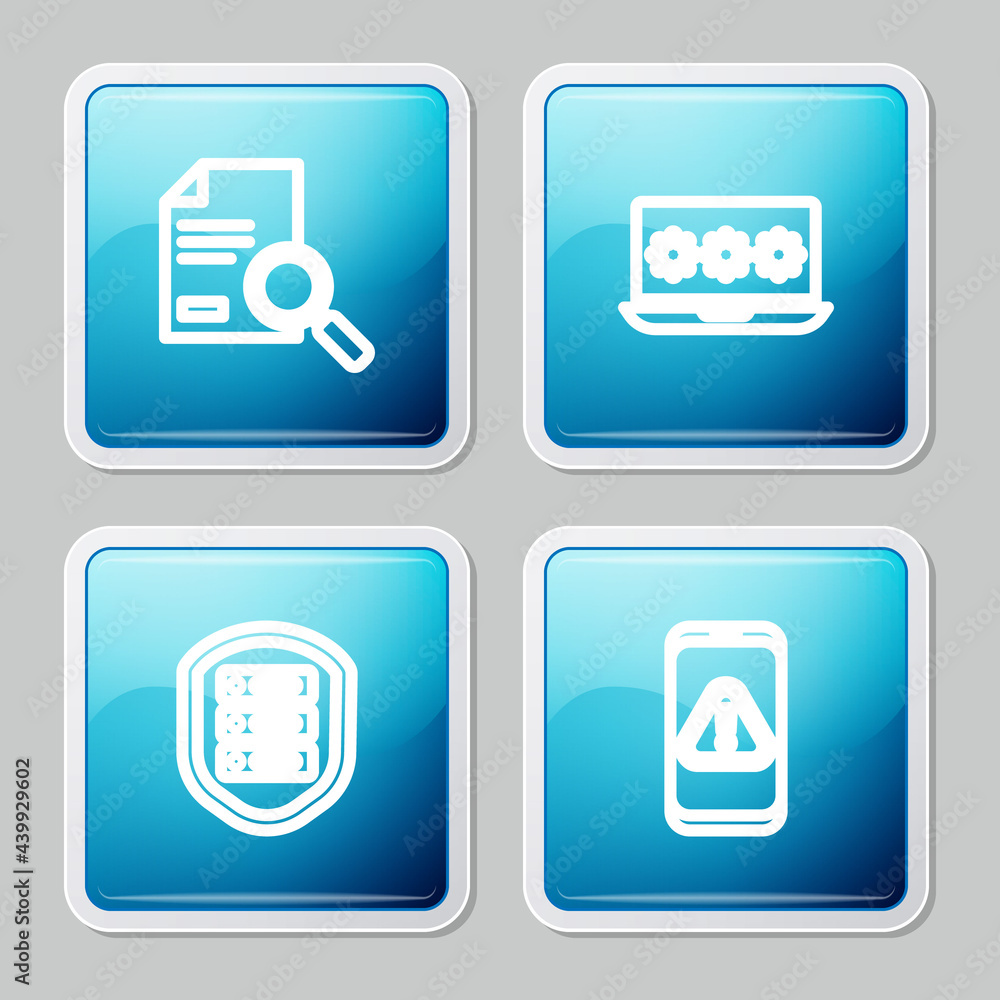 Set line Document with search, Laptop password, Server shield and Mobile exclamation mark icon. Vector Set line Document with search, Laptop password, Server shield and Mobile exclamation mark icon. Vector