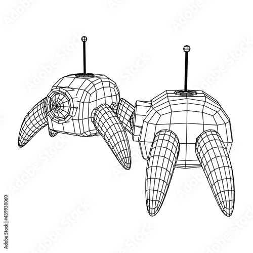 Spider robot with radar antenna. Nanobot, nanotechnology medical concept. Wireframe low poly mesh vector illustration