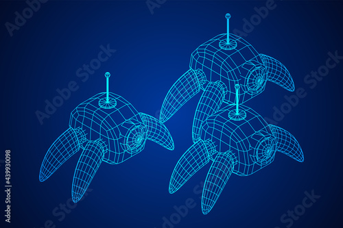 Spider robot with radar antenna. Nanobot, nanotechnology medical concept. Wireframe low poly mesh vector illustration