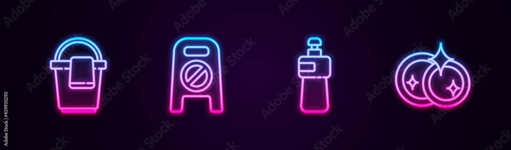 Set line Bucket with rag, Wet floor and cleaning in progress, Dishwashing liquid bottle and Washing dishes. Glowing neon icon. Vector Set line Bucket with rag, Wet floor and cleaning in progress, Dishwashing liquid bottle and Washing dishes. Glowing neon icon. Vector