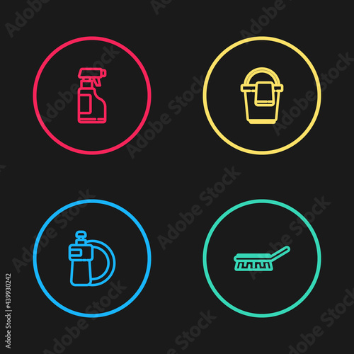 Set line Dishwashing liquid bottle and plate, Brush for cleaning, Bucket with rag and Spray detergent icon. Vector