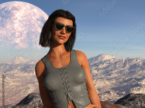 Illustration of a beautiful woman in the foreground with rough terrain and a rising moon in the background.