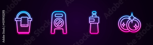 Set line Bucket with rag, Wet floor and cleaning in progress, Dishwashing liquid bottle and Washing dishes. Glowing neon icon. Vector