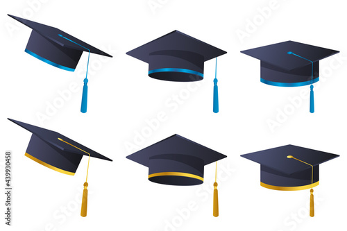 Set Of Graduation Hats in Gold And Blue.