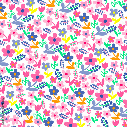 Floral seamless pattern with hand darwn flowers and leaves. Colorful elements. Artistic background. Fashion print. Vector illustration.