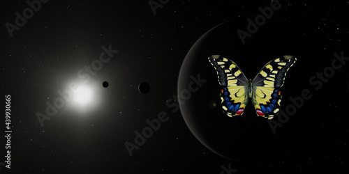 3d illustration of a colorful butterfly flying in space with an eclipsing dark planet sun and moon in the background. © Bert Folsom