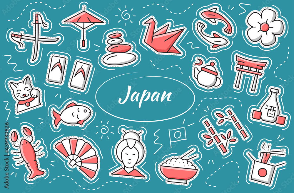 Japan sticker set. Collection element and objects. Vector illustration.