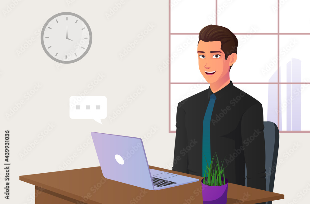 Cartoon Office Worker Sitting on Chair with Laptop on Desk. Cartoon Office Worker Sitting on Chair with Laptop on Desk.
