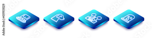Set Isometric line Hiking backpack, Dog, Tourist tent and Balaclava icon. Vector