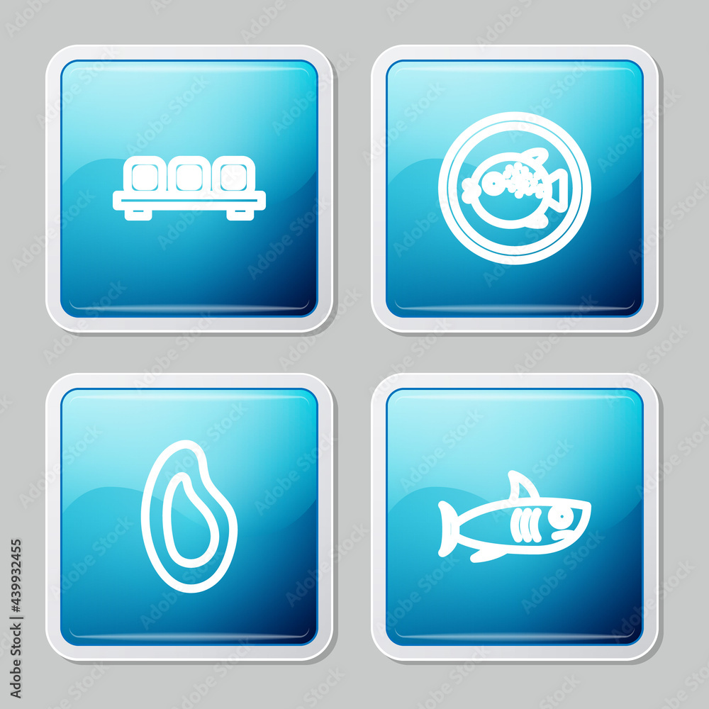 Set line Sushi on cutting board, Puffer fish plate, Mussel and Shark icon. Vector Set line Sushi on cutting board, Puffer fish plate, Mussel and Shark icon. Vector