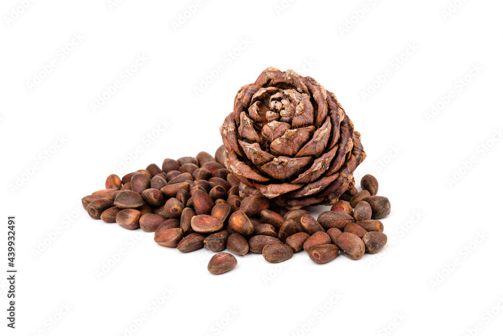 Pine nuts and ripe pine cones on a white background Pine nuts and ripe pine cones on a white background