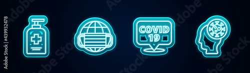 Set line Liquid antibacterial soap, Earth with medical mask, Corona virus on location and Human and. Glowing neon icon. Vector