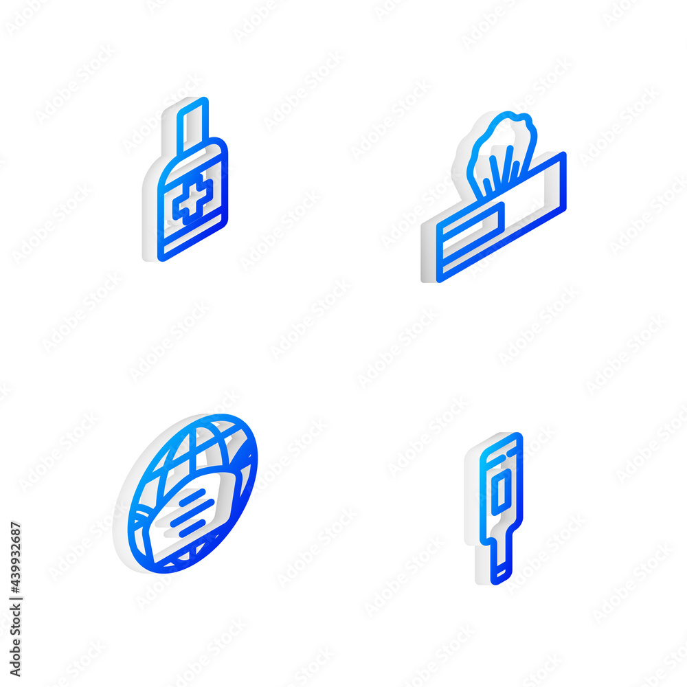 Set Isometric line Wet wipe pack, Liquid antibacterial soap, Earth with medical mask and Medical thermometer icon. Vector Set Isometric line Wet wipe pack, Liquid antibacterial soap, Earth with medical mask and Medical thermometer icon. Vector