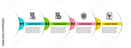 Set line Fire in burning house, House with shield, Shield dollar and Health insurance. Business infographic template. Vector