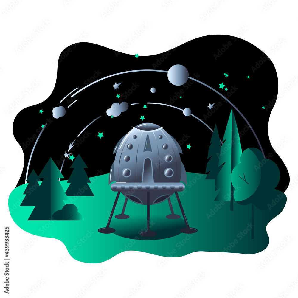 World UFO Day. The flying saucer landed in the middle of a clearing in ...