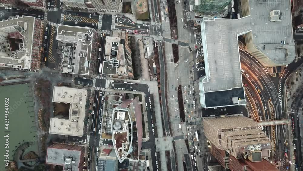 overhead aerial of cars stuck in traffic jam entering ramp for Brooklyn from Manhattan New York City NYC overhead aerial of cars stuck in traffic jam entering ramp for Brooklyn from Manhattan New York City NYC