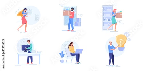Set of vector cartoon flat office characters working process.Employees performs tasks-overwork in deadline,carry things,work on laptop,searching new ideas-office workflow web site banner concept