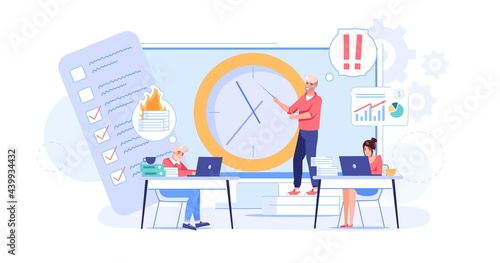 Vector cartoon flat employees characters at work deadline scene.Employee office workers in hurry,try not late,overwork in deadline stress situation-office workflow,web site banner concept