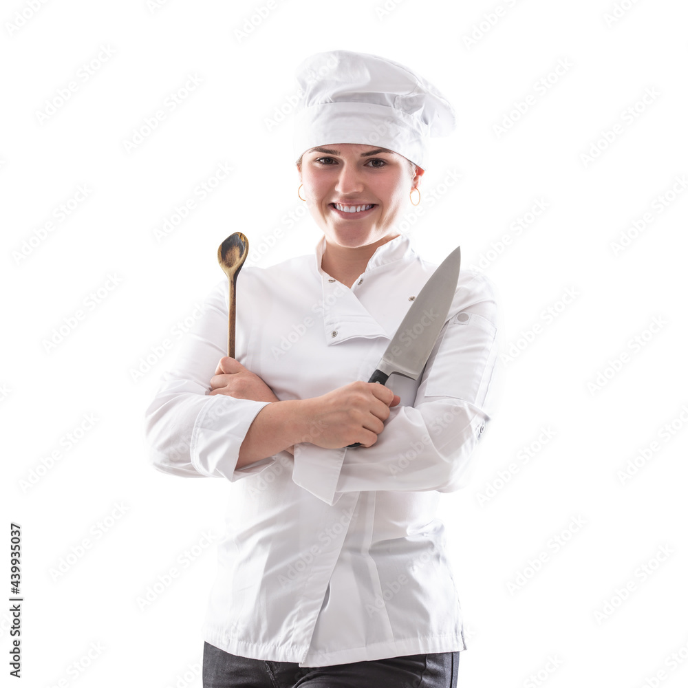 Isolated chef with crossed hands holding a sharp knife and wooden spoon Isolated chef with crossed hands holding a sharp knife and wooden spoon