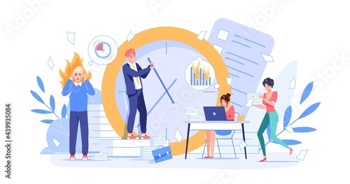 Vector cartoon flat employees characters at work deadline scene.Unhappy upset employee office workers in panic,overwork in deadline stress situation-office workflow,web site banner concept