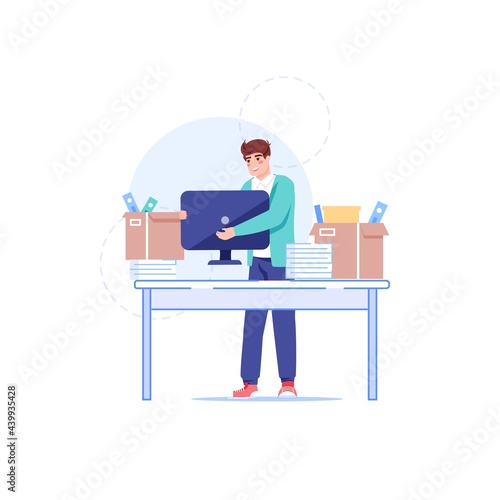 Vector cartoon flat office character at new workplace.Successful employee happy man equips new workspace,puts computer on desk-new job,ideas,opportunities,professional workflow,web site banner concept