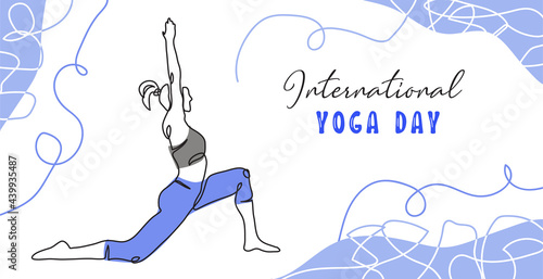 International yoga day minimalist vector banner, poster, background. .One continuous line art drawing of woman. World yoga day simple background