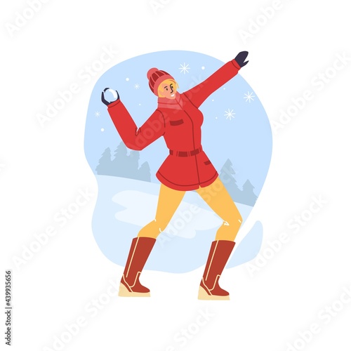 Vector flat cartoon character in winter season outdoor playing snowballs - fashion,emotions,healthy lifestyle social concept