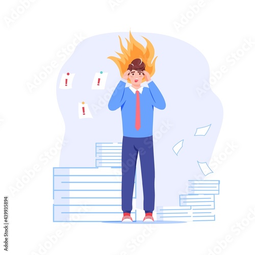 Vector cartoon flat employee character at work deadline scene.Unhappy upset employee office worker in panic,overwork in deadline stress situation-workflow optimization,web site banner concept