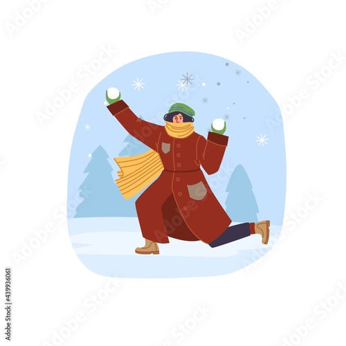 Vector flat cartoon character in winter season outdoor playing snowballs - fashion,emotions,healthy lifestyle social concept