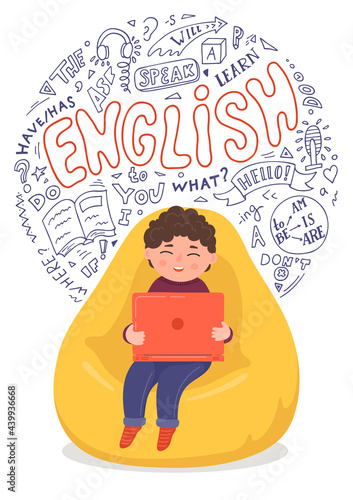 Remote english course. Child sitting in bean bag with laptop and english language hand drawn doodles and lettering