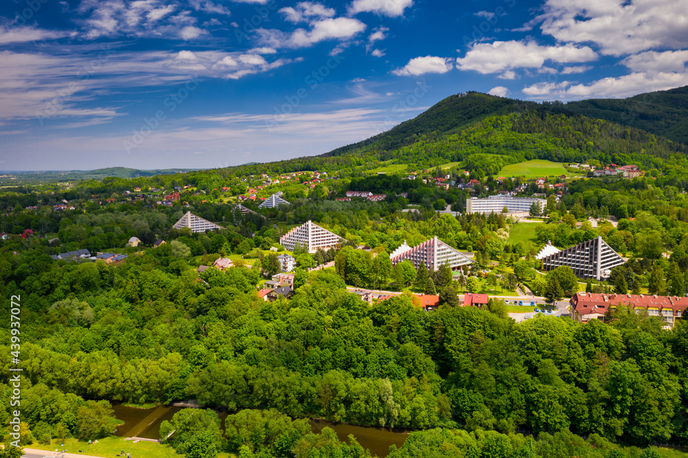Scenery of the town and health resort in Ustron on the hills of the Silesian Beskids. Poland - obrazy, fototapety, plakaty 