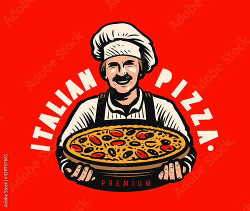 Chef with italian freshly baked pizza. Restaurant logo vector illustration