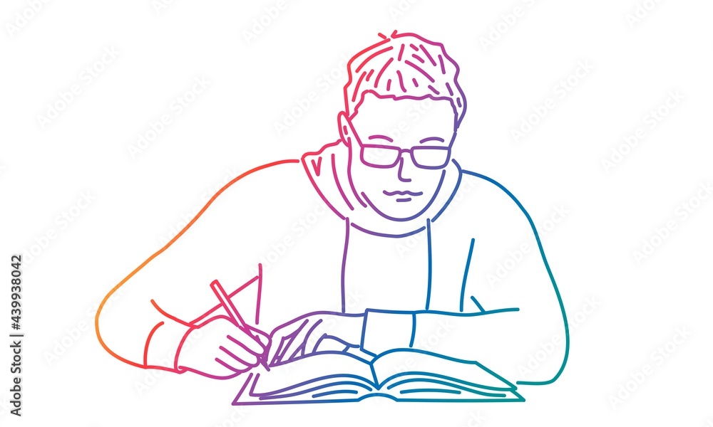 Man with glasses holds a pencil and writes in a notebook. Man with glasses holds a pencil and writes in a notebook.