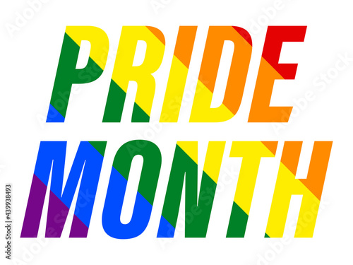 Pride month text with rainbow flag. LGBT Pride June. Tolerance and love. Festival of sexual minorities, gays and lesbians, transgender people. Design for banner and  poster. Vector illustration